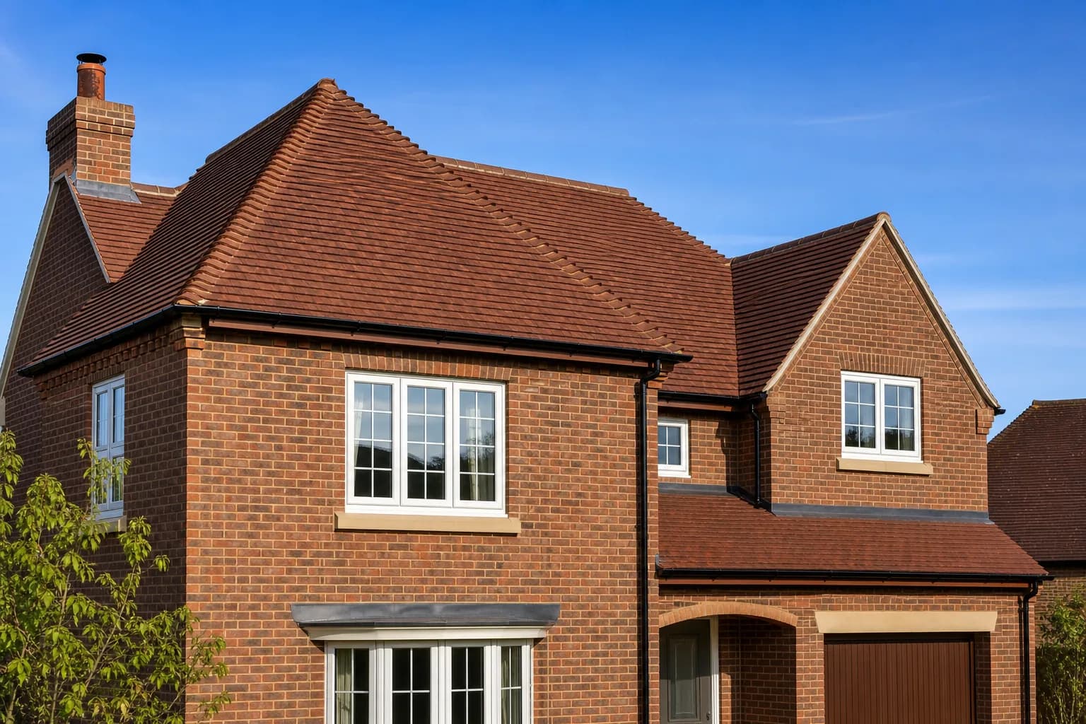 A freshly finished pitched clay tile roof on a Hampshire home